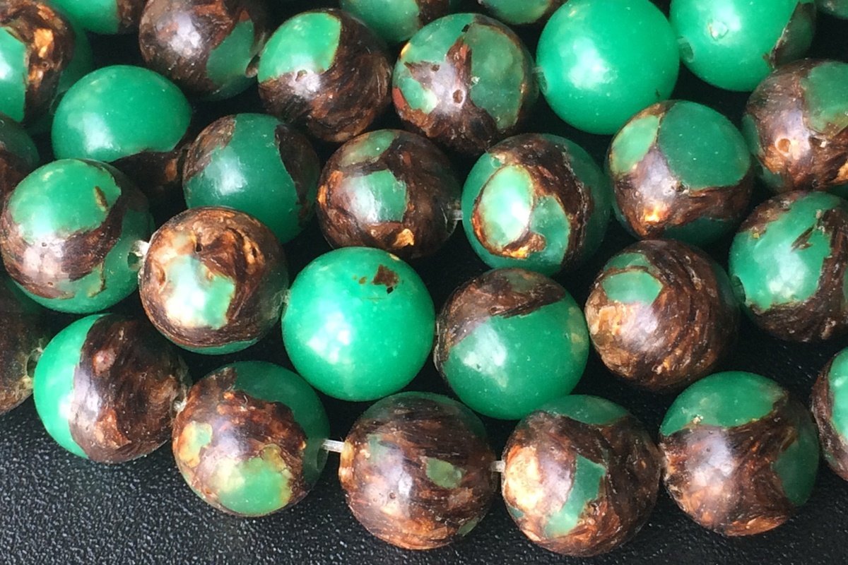 15.5" Green Impression Jasper & Gold copper bornite round beads 6mm/8mm