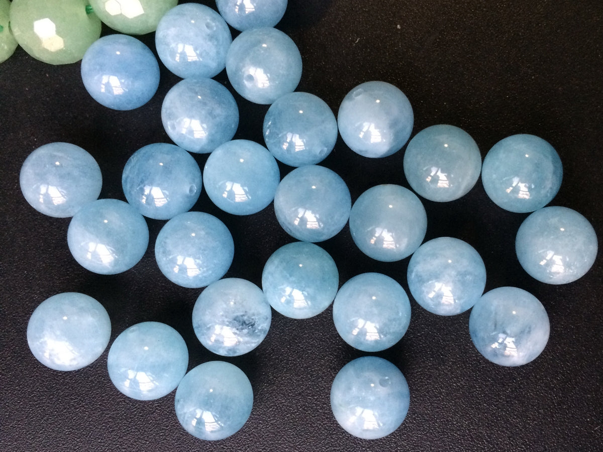 10mm AA Natural Aquamarine half hole drilled blue round beads