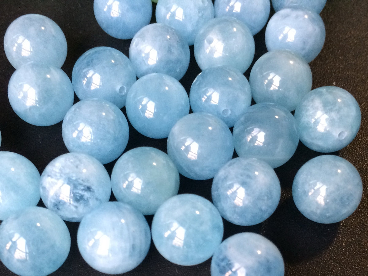 10mm AA Natural Aquamarine half hole drilled blue round beads
