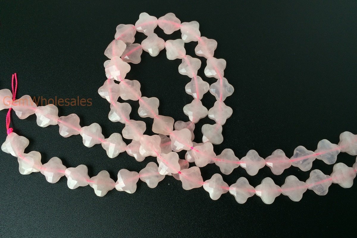 15.5" Natural Rose quartz Quatrefoil flower Beads 13mm, pink semi-precious stone