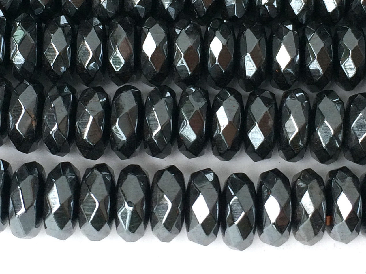 15.5" 3x6mm Natural hematite stone roundel faceted beads, Noir Black