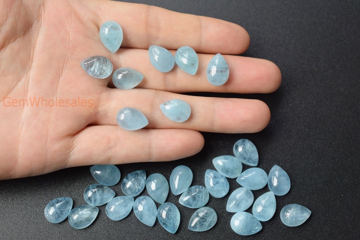 1PC 10x14mm AA Genuine Natural Aquamarine teardrop cabochon beads