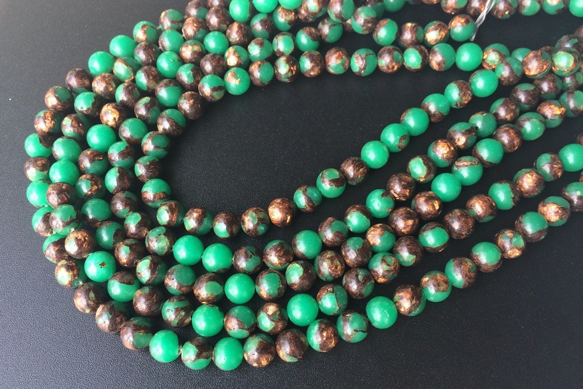 15.5" Green Impression Jasper & Gold copper bornite round beads 6mm/8mm
