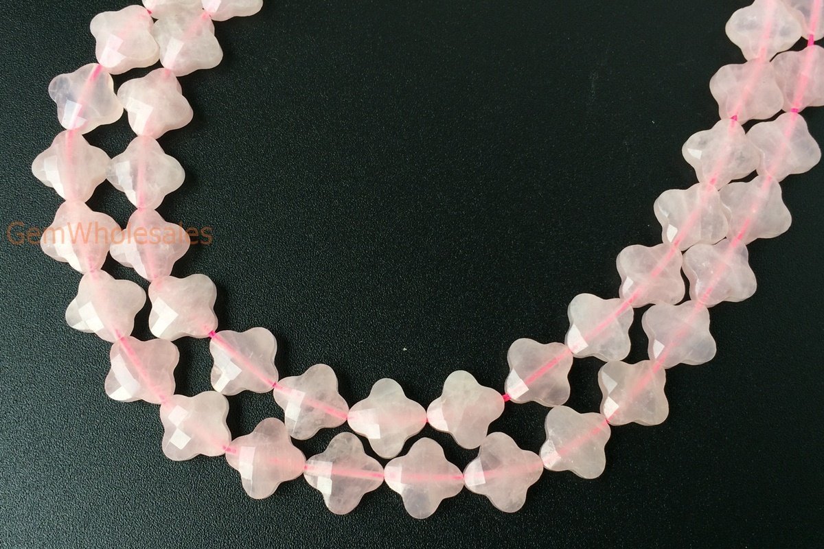 15.5" Natural Rose quartz Quatrefoil flower Beads 13mm, pink semi-precious stone