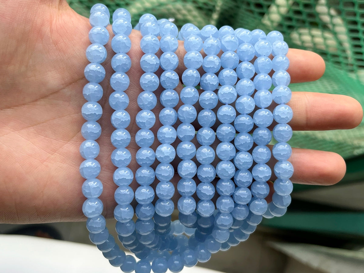 15" 8mm Blue green Glass round beads, angelite blue cracked glass