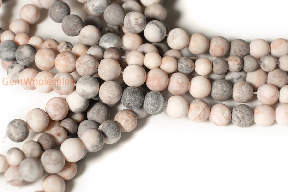 15.5" 10mm Natural matte/frosted pink Zebra jasper round gemstone beads