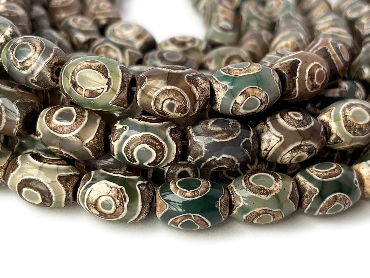 14" 10x14mm Antique green Bulk tibetan Dzi agate barrel beads, rice beads