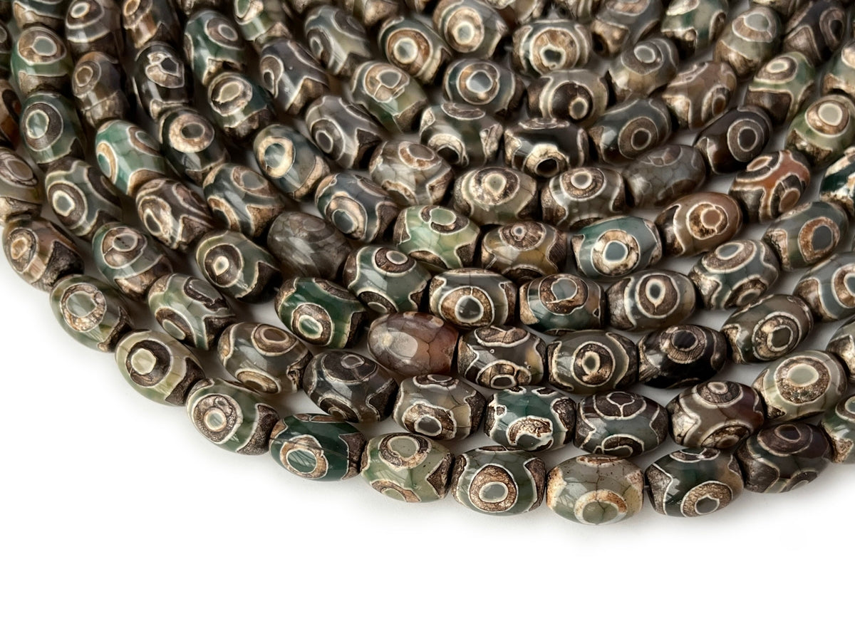 14" 10x14mm Antique green Bulk tibetan Dzi agate barrel beads, rice beads