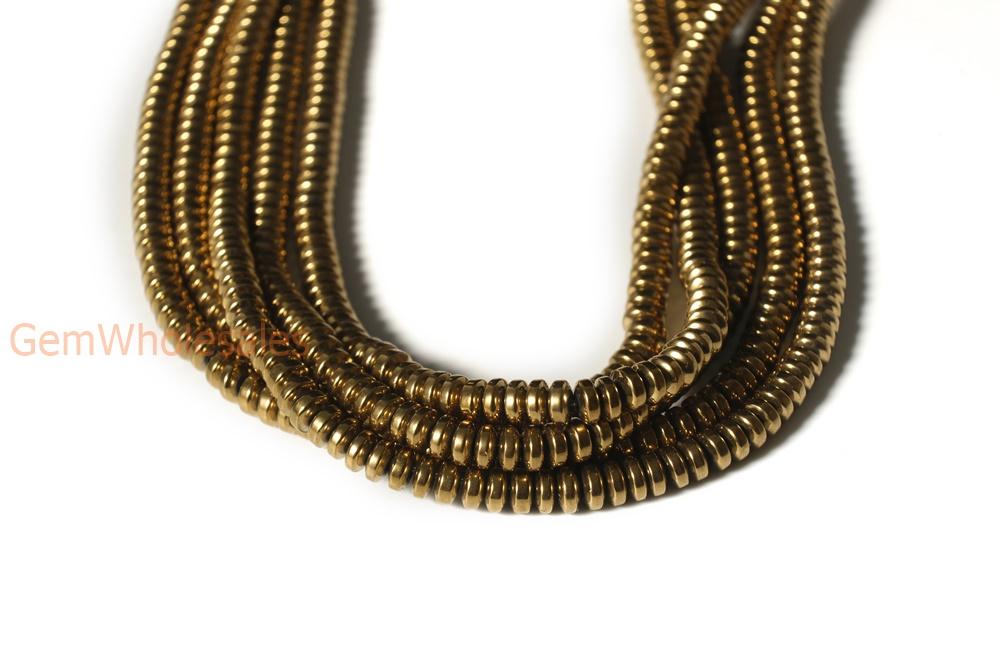 15.5" Hematite stone 2x4mm roundel beads, gold color disc beads