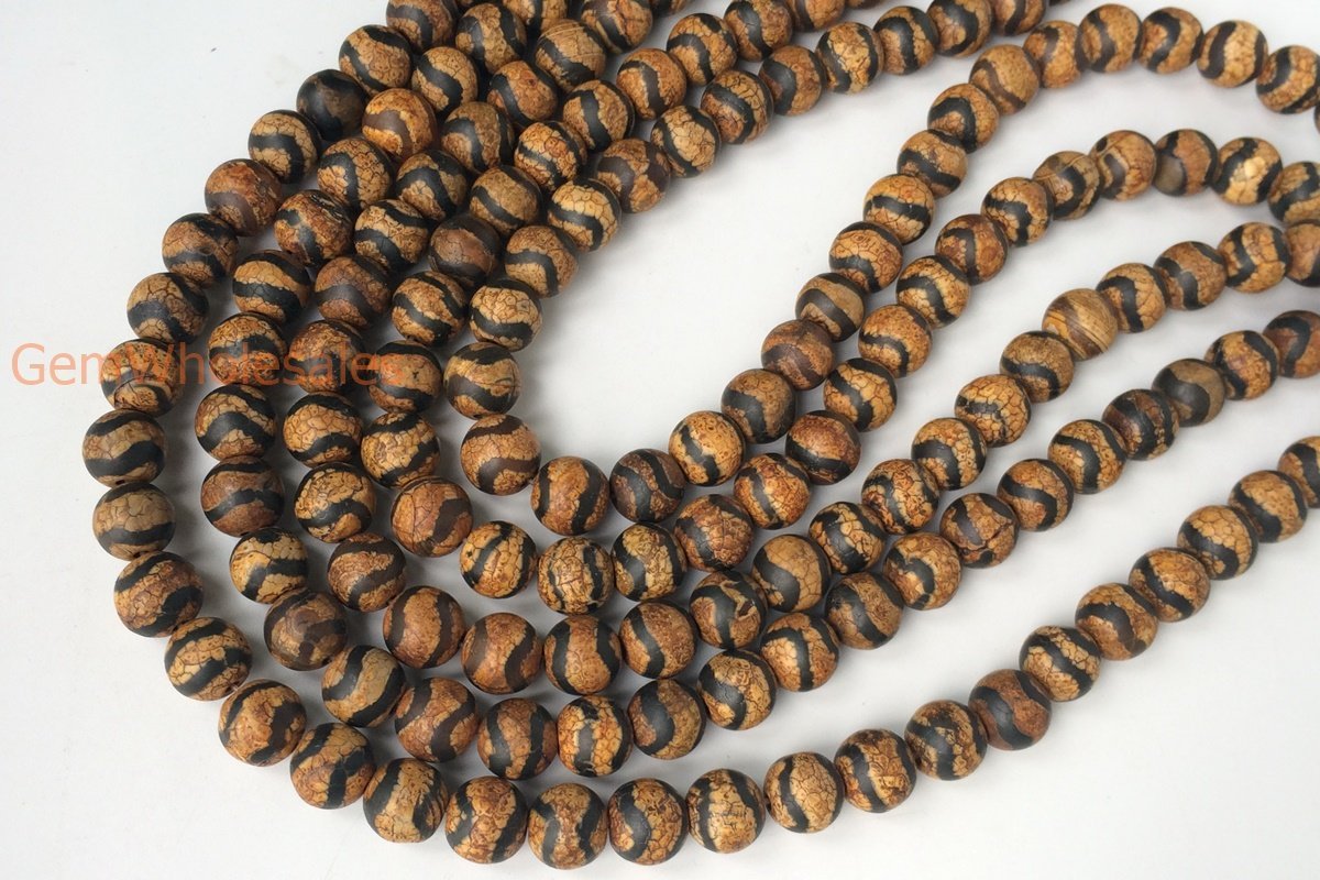 14.5” 10mm Antique Brown Bulk tibetan Dzi agate round beads wave
