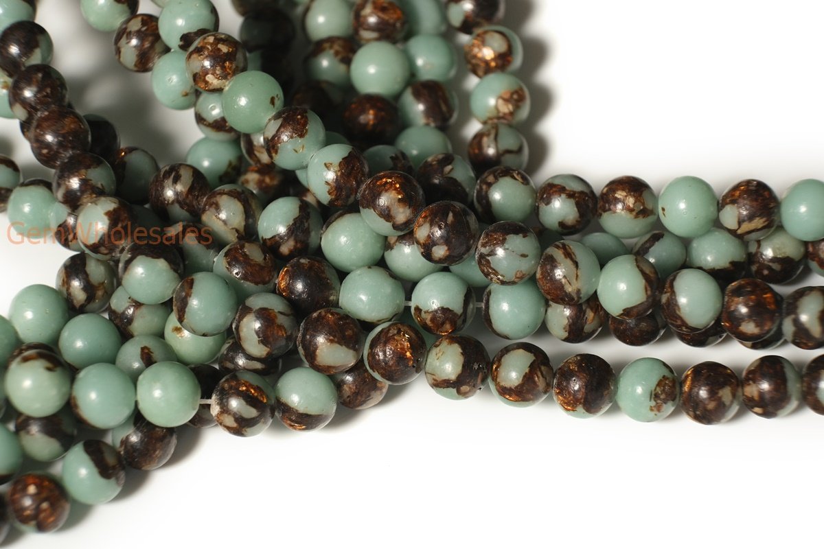 15.5" Light greenish blue Impression Jasper & Gold copper bornite round beads 6mm/8mm,Sea Sediment,Terra Jasper
