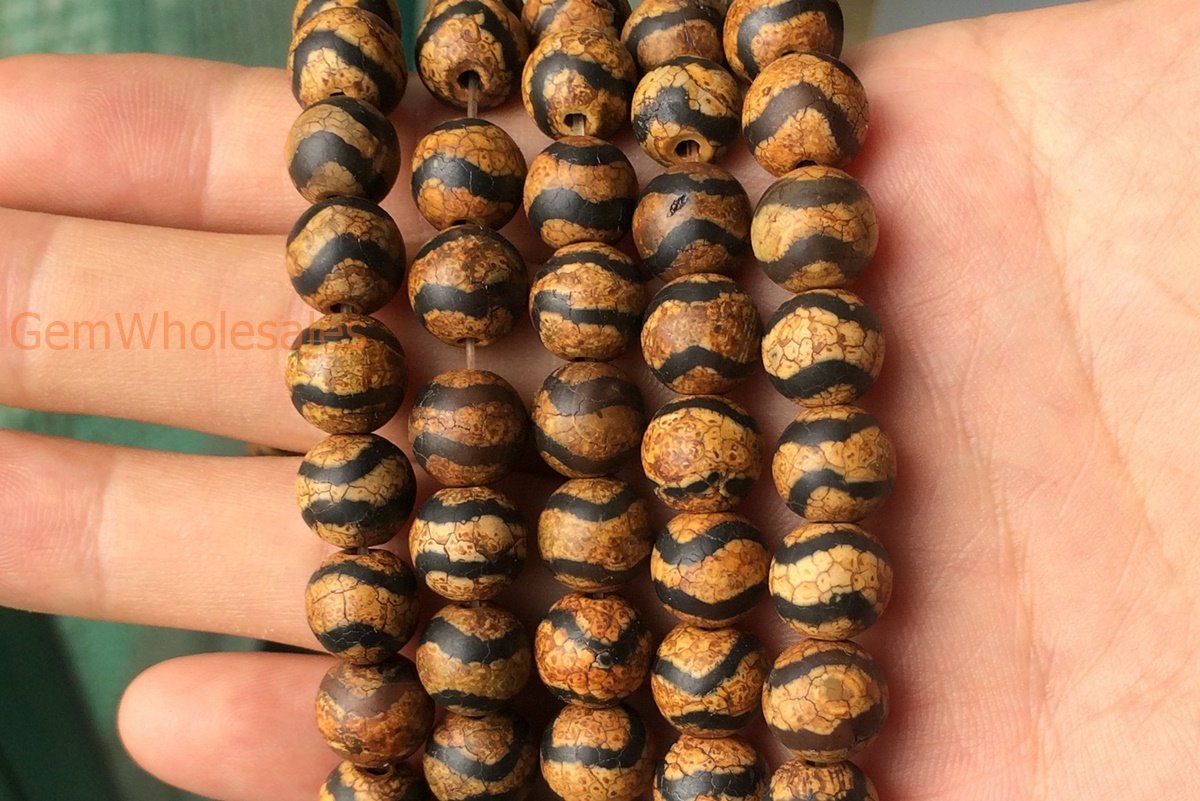 14.5” 10mm Antique Brown Bulk tibetan Dzi agate round beads wave