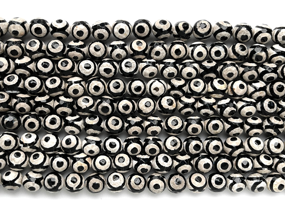 14.5" 8mm/10mm Black Bulk Tibetan Dzi agate round faceted beads, Eye