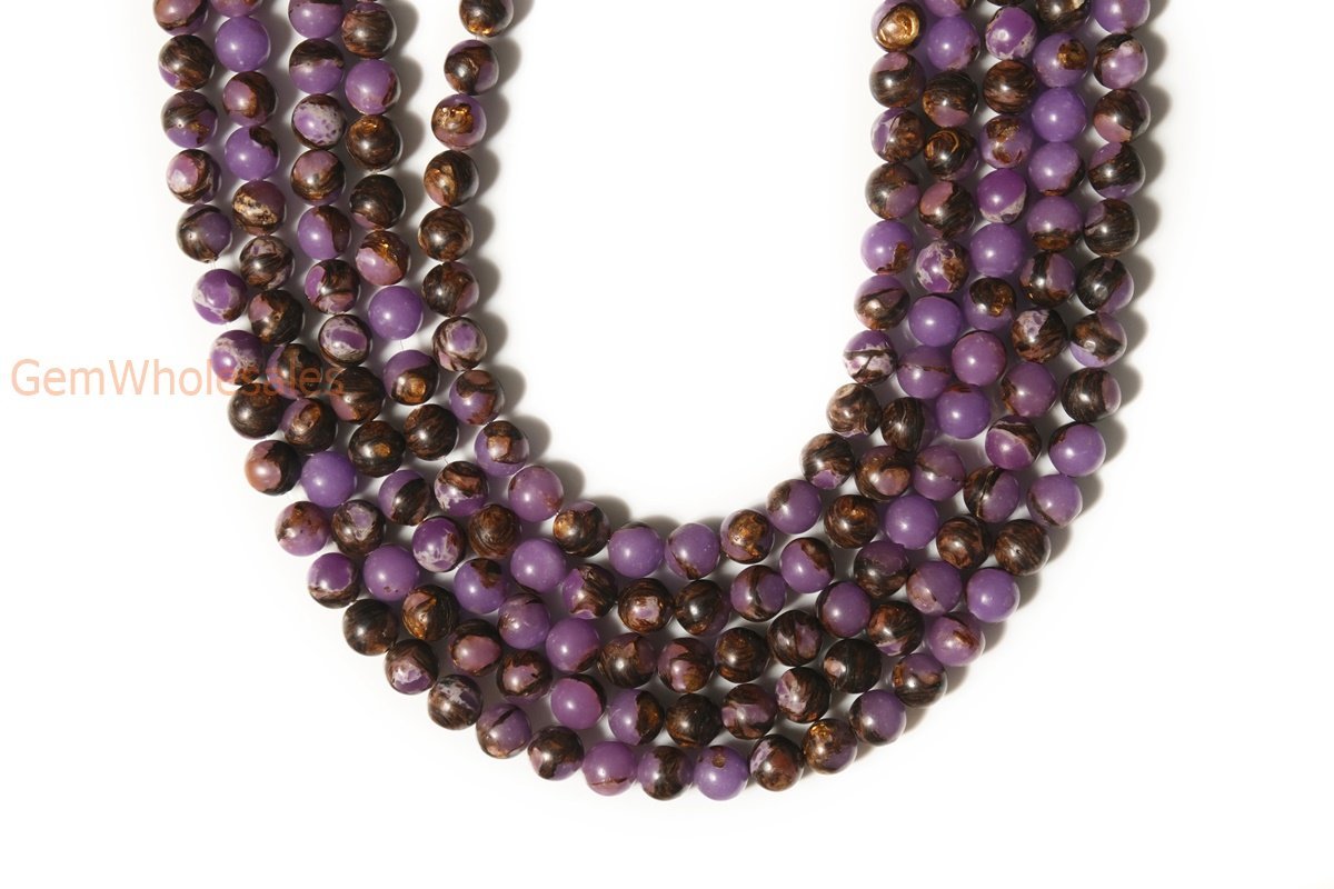 15.5" Purple Impression Jasper & Gold copper bornite round beads 6mm/8mm