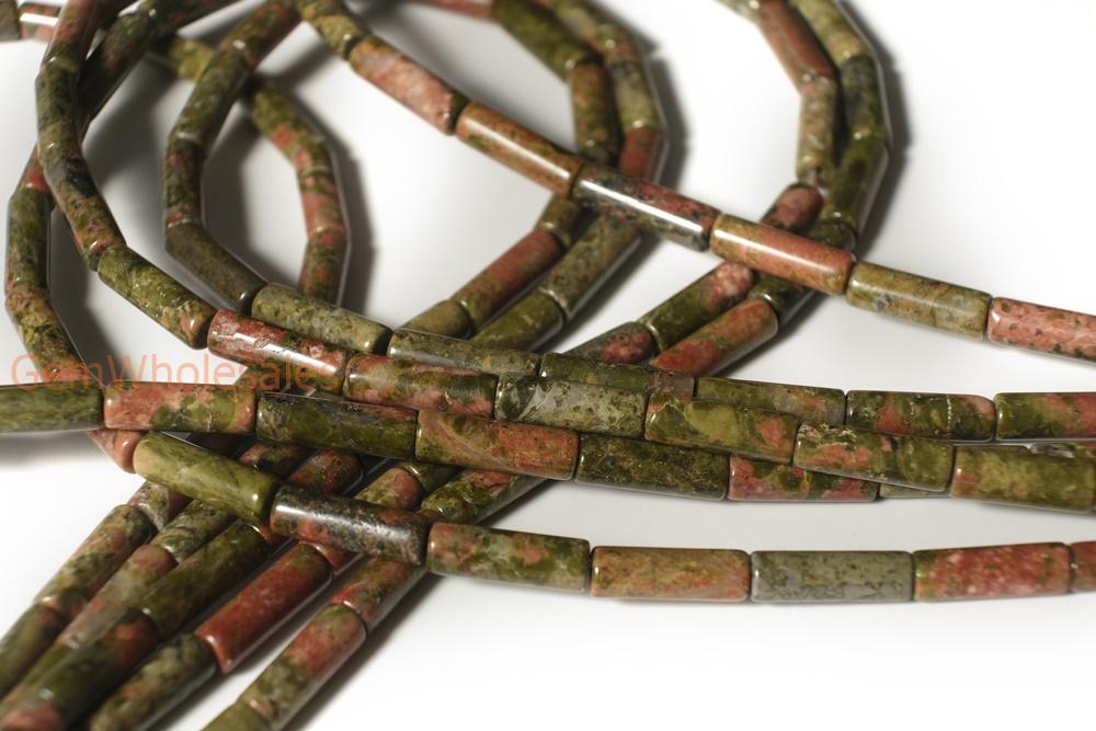 15.5" Natural Unakite round tube 4x13mm,green red color cylinder