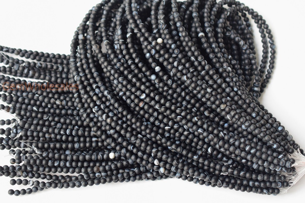 15" 4mm matte black stripe Agate Round beads frosted Gemstone