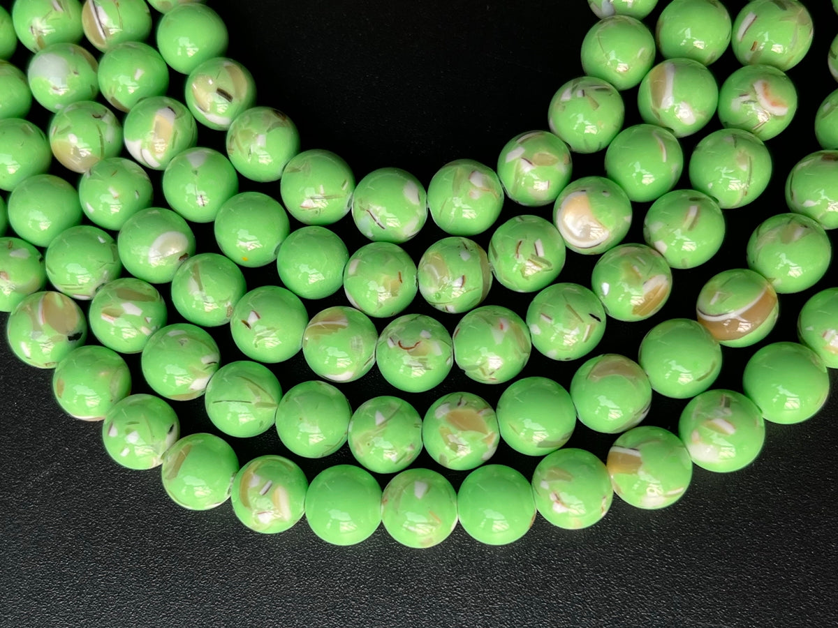 15.5“ 8/10mm Grass Green Turquoise With Shell Inlay round beads MTL