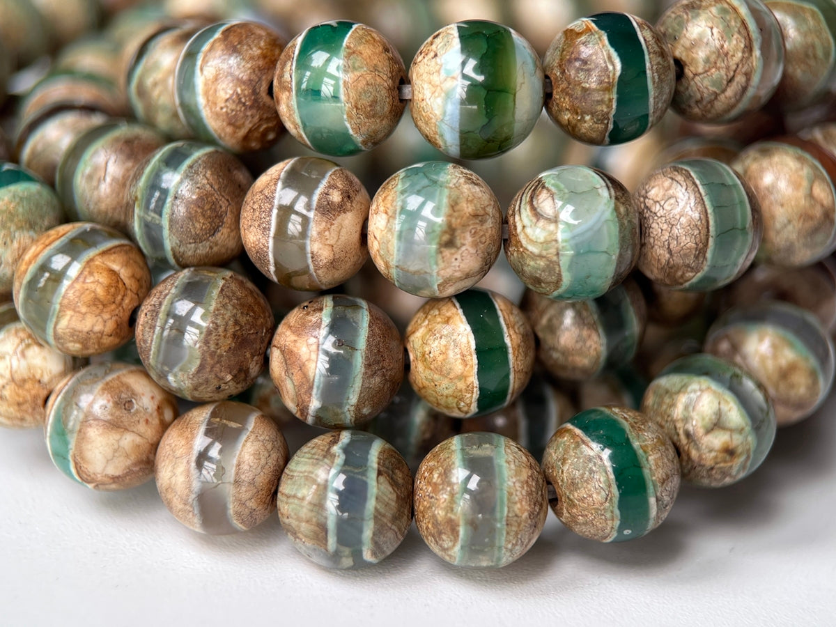 14" 8/10/12mm Antique Green color tibetan Dzi agate round beads line