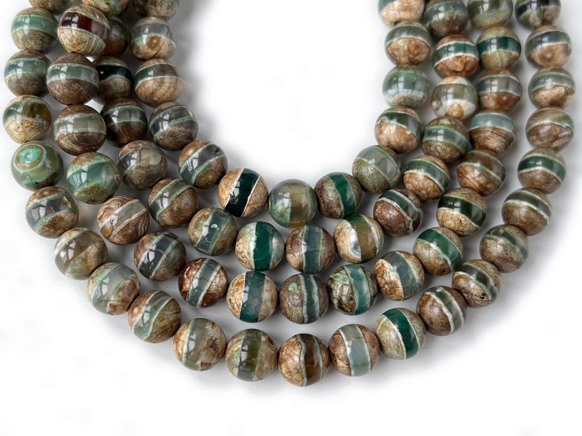14" 8/10/12mm Antique Green color tibetan Dzi agate round beads line