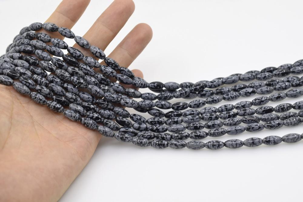 15.5" 6x12mm natural snowflake obsidian stone rice beads, olive beads