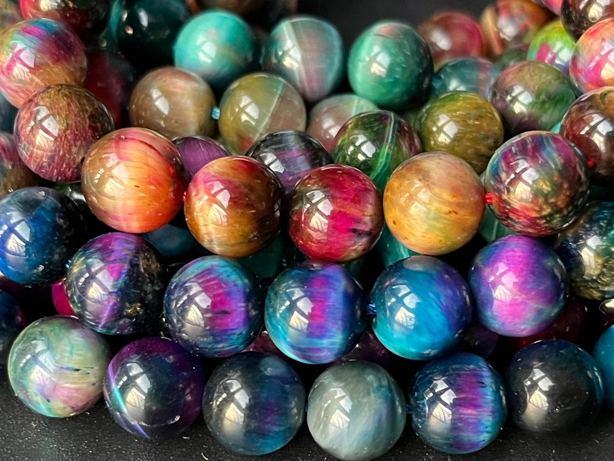 15.5" 10mm Dyed Mix Brown/green/blue/purple tiger eye round beads