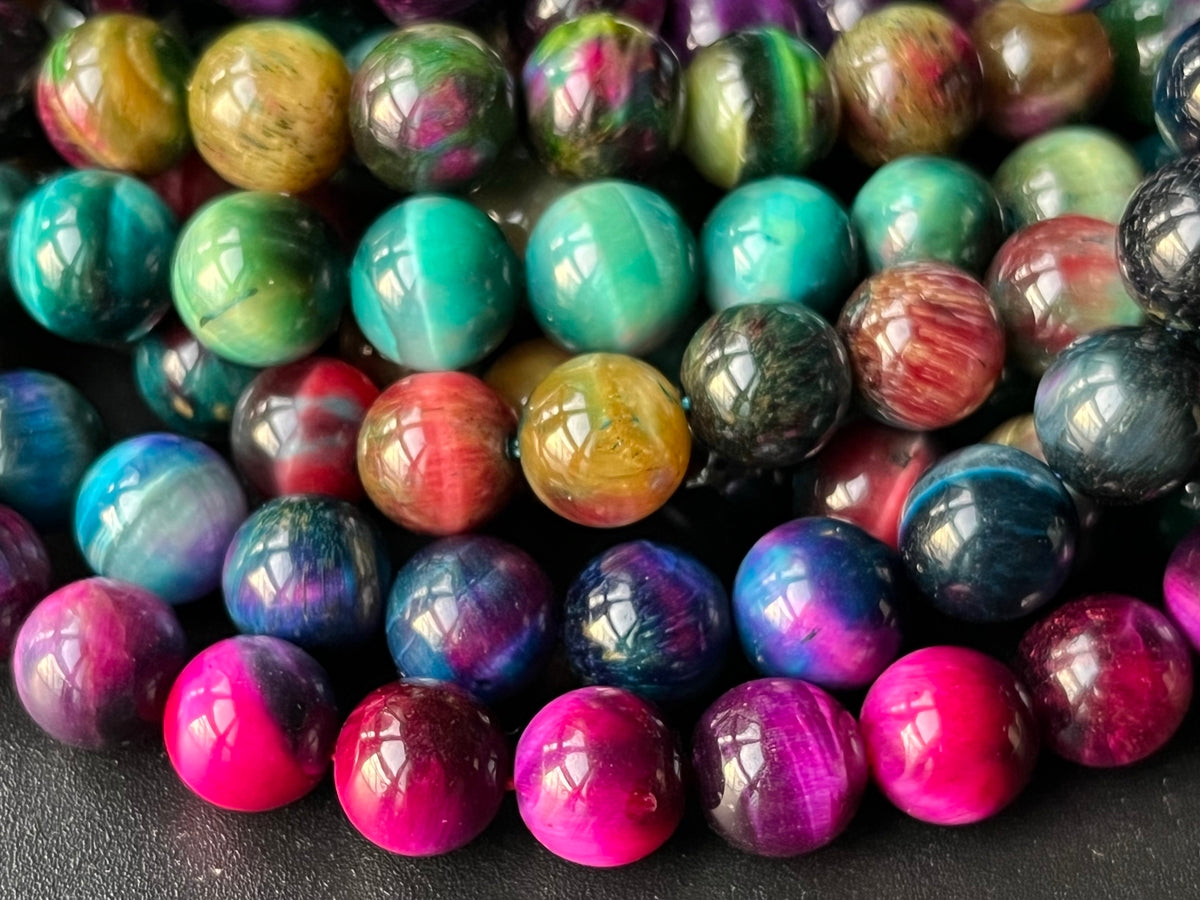 15.5" 8mm Dyed Mix Brown/green/blue/purple tiger eye round beads