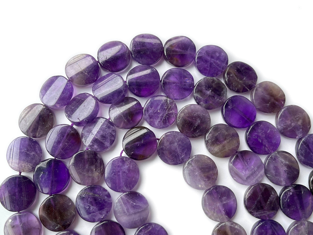 15.5" 16mm Natural amethyst twisted round coin beads