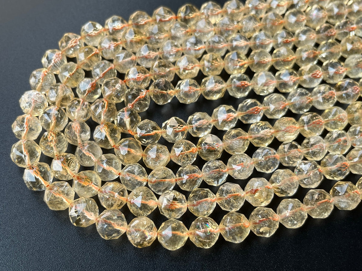 15.5" 8mm/10mm Natural Citrine round star faceted beads, yellow quartz