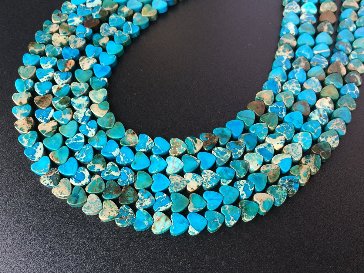 15.5“ 6mm Blue Sea Sediment heart beads, emperor jasper heart