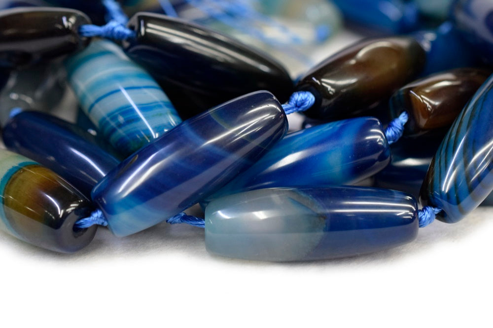 8PCS 14x40mm blue stripe Agate rice Gemstone beads