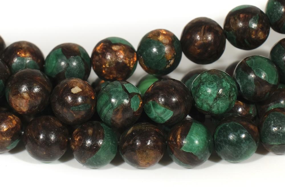 15.5" Malachite & Gold copper bornite round beads 6mm/8mm