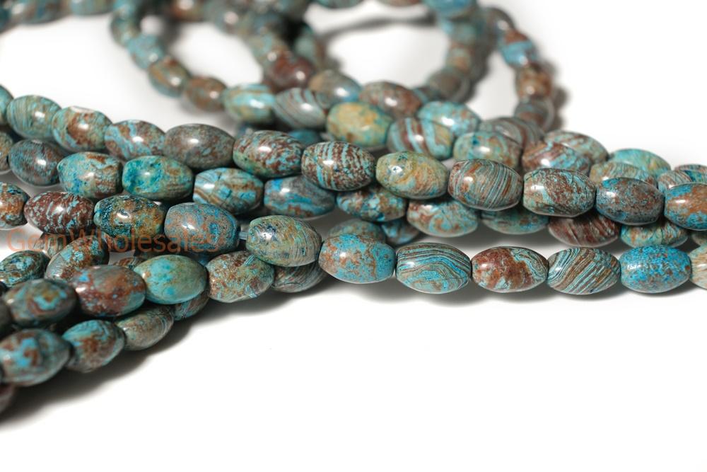 15.5" 5x8mm Turquoise blue Calsilica jasper rice beads,blue brown gemstone beads,barrel/olive beads