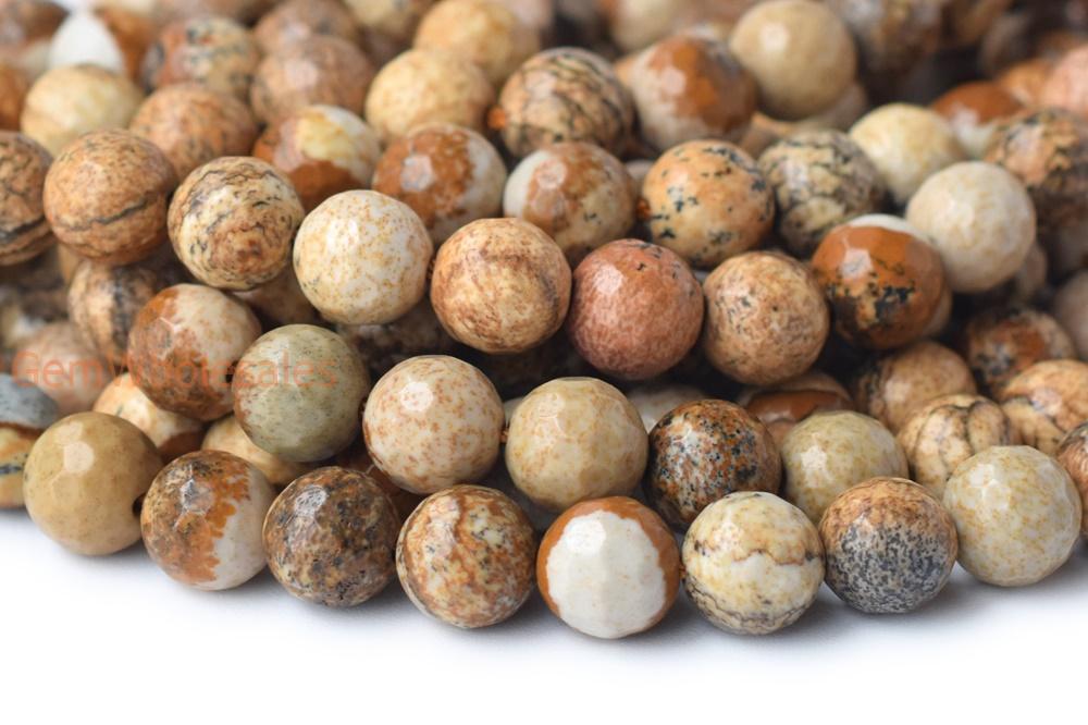 15.5" 8mm/10mm/12mm Natural picture stone round 128 faceted beads, yellow brown picture jasper