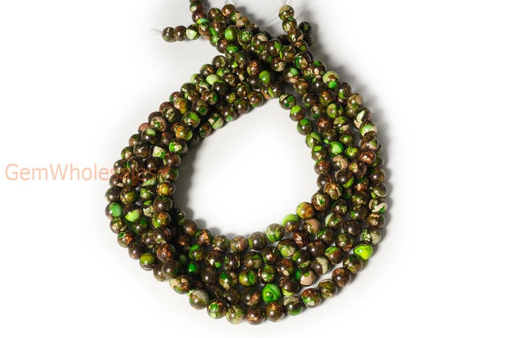 15.5" 6mm/8mm Yellow green Impression Jasper & Gold copper bornite round beads,Sea Sediment,Aqua Terra Jasper