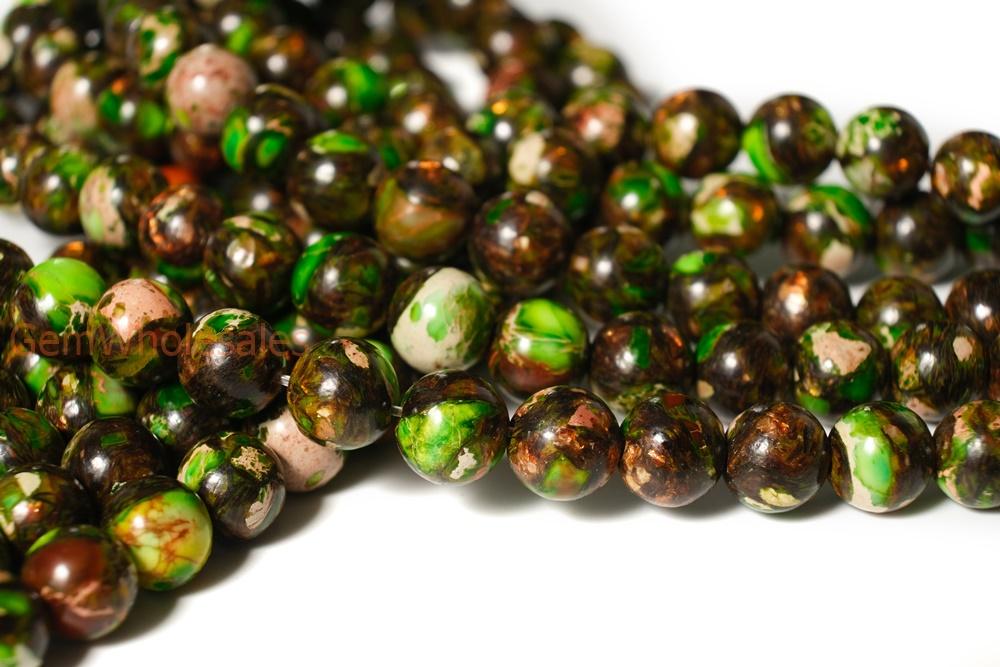 15.5" 6mm/8mm Yellow green Impression Jasper & Gold copper bornite round beads,Sea Sediment,Aqua Terra Jasper
