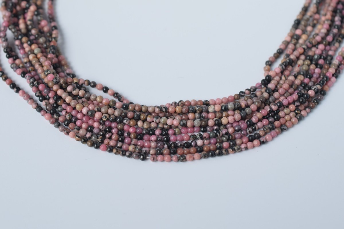 15.5" 2mm natural Rhodonite round beads, small semi-precious stone
