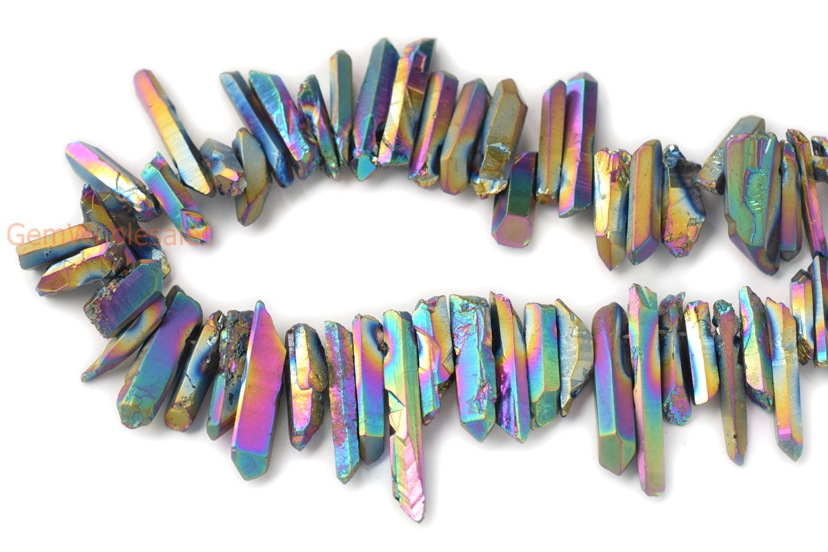 15.5" 4~7mmx~15~40mm Natural Rough Quartz Crystal Spike Beads Rainbow color,coated aura color, nugget