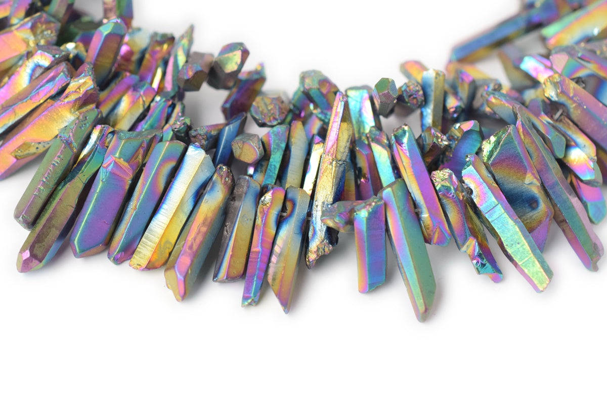 15.5" 4~7mmx~15~40mm Natural Rough Quartz Crystal Spike Beads Rainbow color,coated aura color, nugget