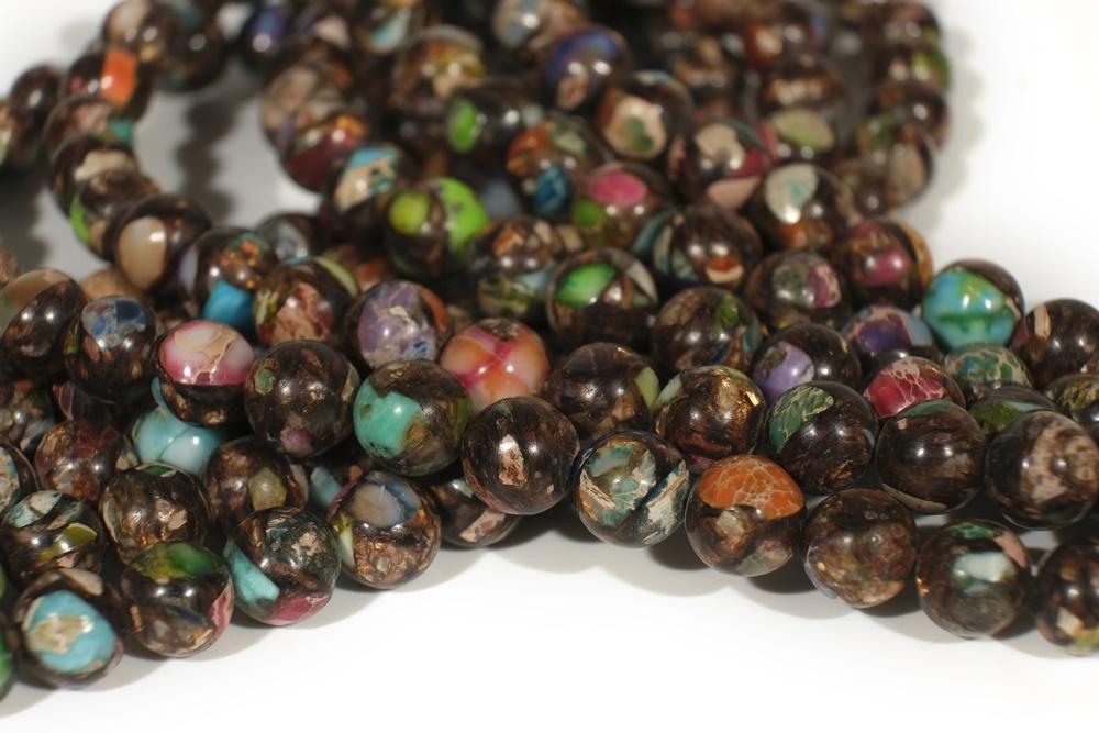 15.5" 6mm/8mm Multi color Impression Jasper & Gold copper bornite round beads