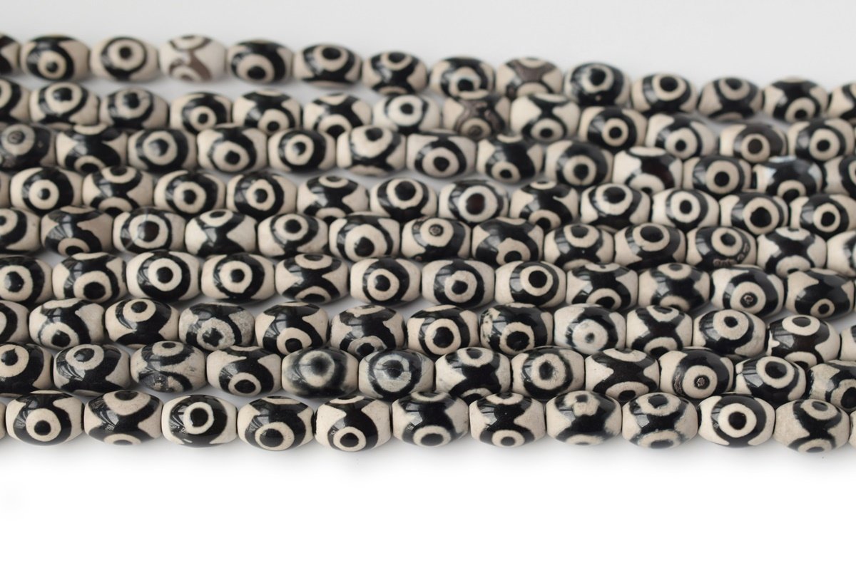 14.5" Black color Bulk tibetan Dzi agate oval shape 10x14mm rice beads with eye