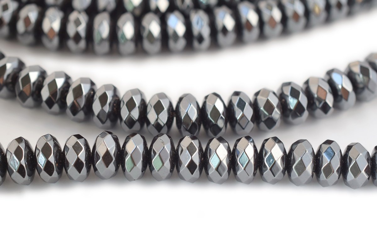 15.5" Natural hematite stone 6x10mm roundel faceted beads, Noir Black