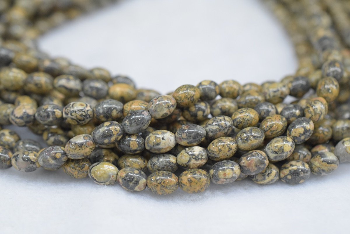 15.5" 6x8mm Natural Yellowish leopard skin jasper rice beads