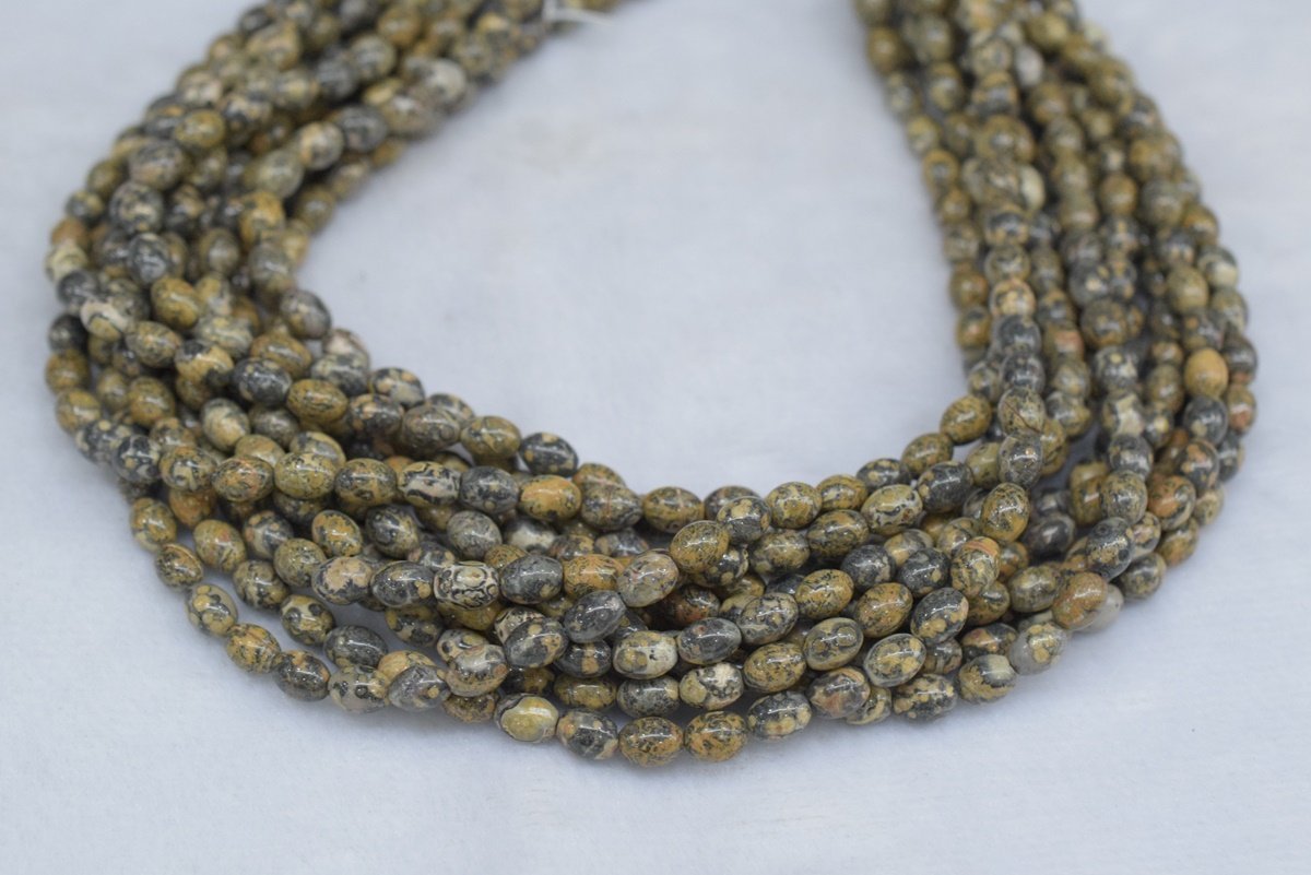 15.5" 6x8mm Natural Yellowish leopard skin jasper rice beads