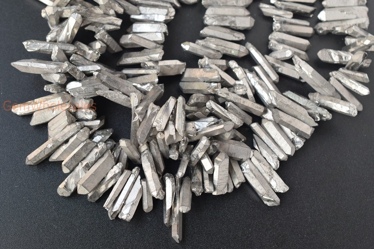 15.5" 4~7mmx~15~40mm Natural Rough Quartz Crystal Spike Beads silver color, nugget