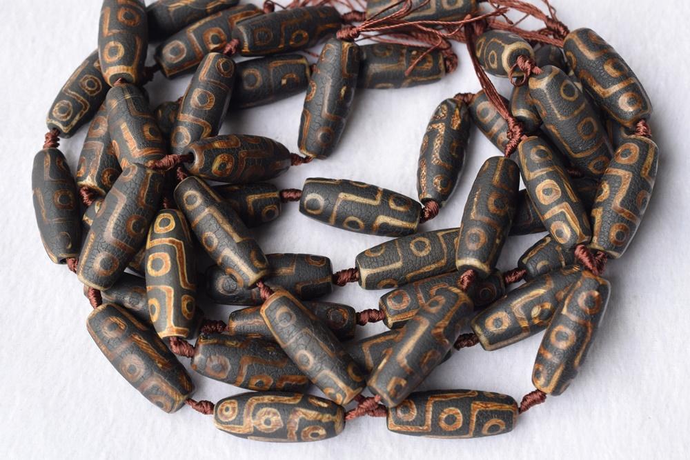 14" Matte antique brown tibetan Dzi agate 13~14x40mm barrel/drum/oliver beads
