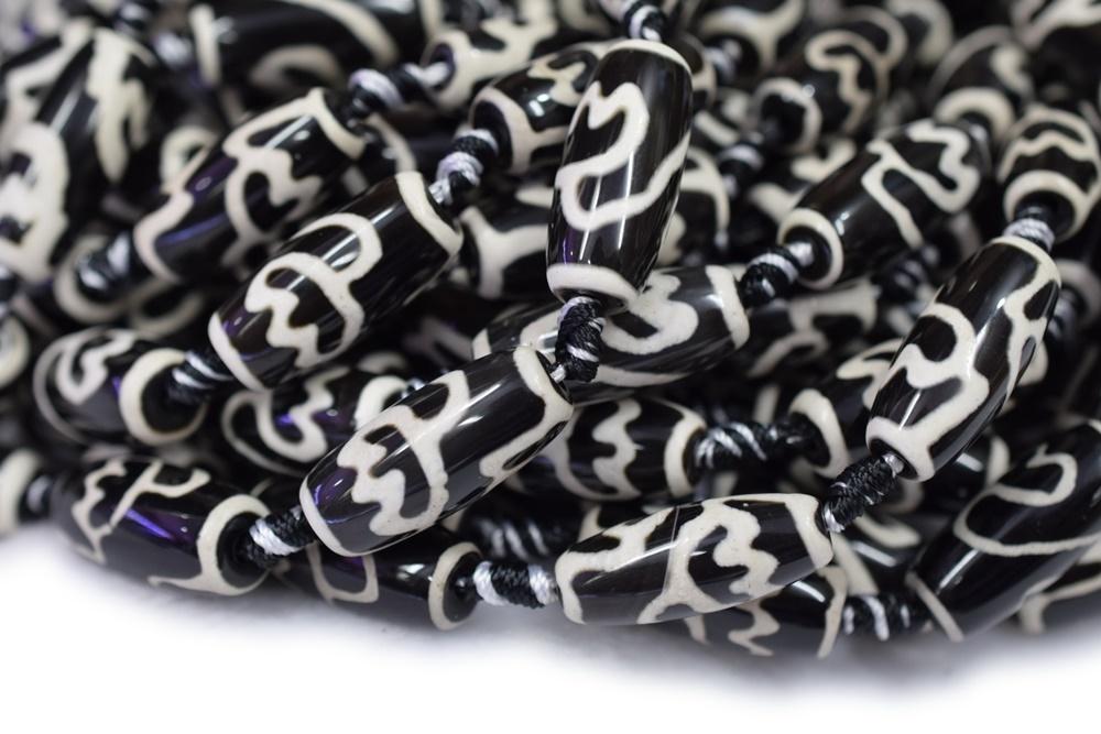 14" Black white Bulk tibetan Dzi 10~11x25mm barrel beads, rice beads