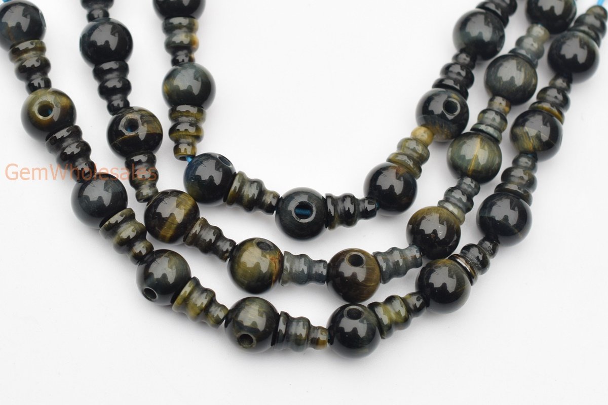 5 SETS 10mm Blue tiger eye T hole beads set, Guru Mala Cones Beads