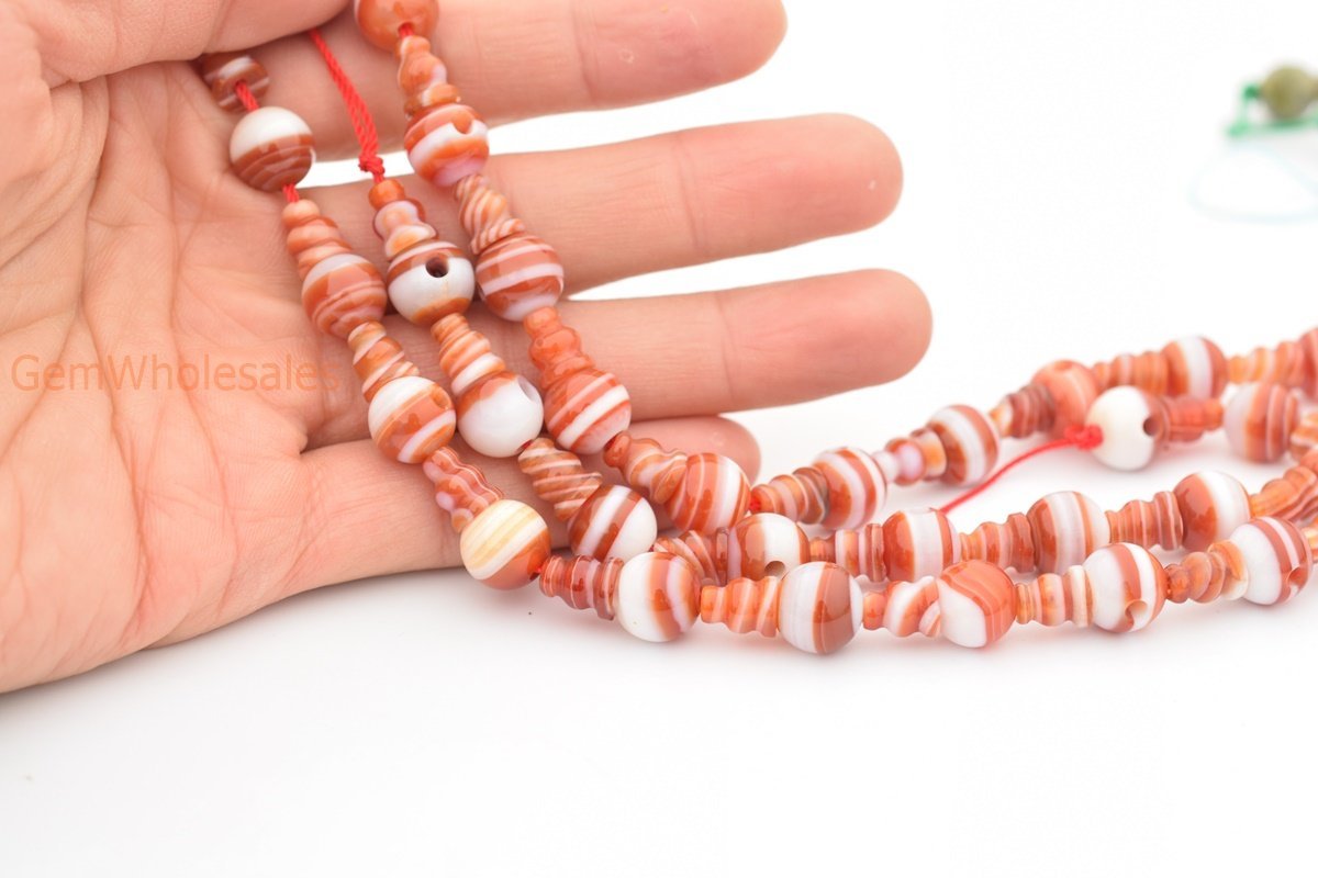 5 SETS 10mm Dark Red stripe agate T hole beads set, Guru Mala Cones Beads