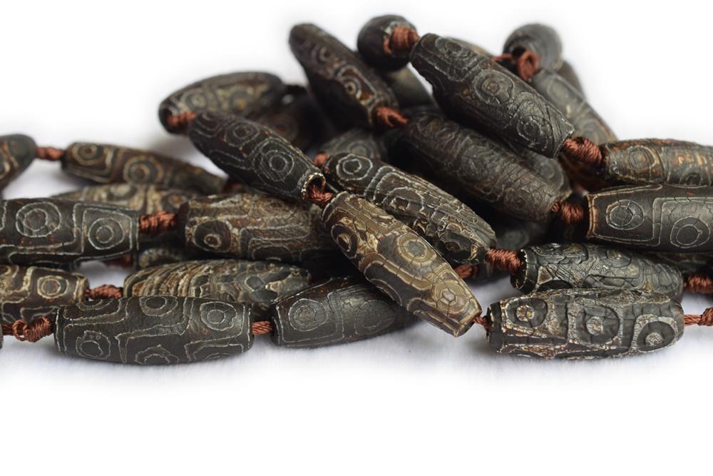 14" Antique Dark Brown Bulk tibetan Dzi 13~14x40mm barrel beads, dark Brown Dzi agate rice beads