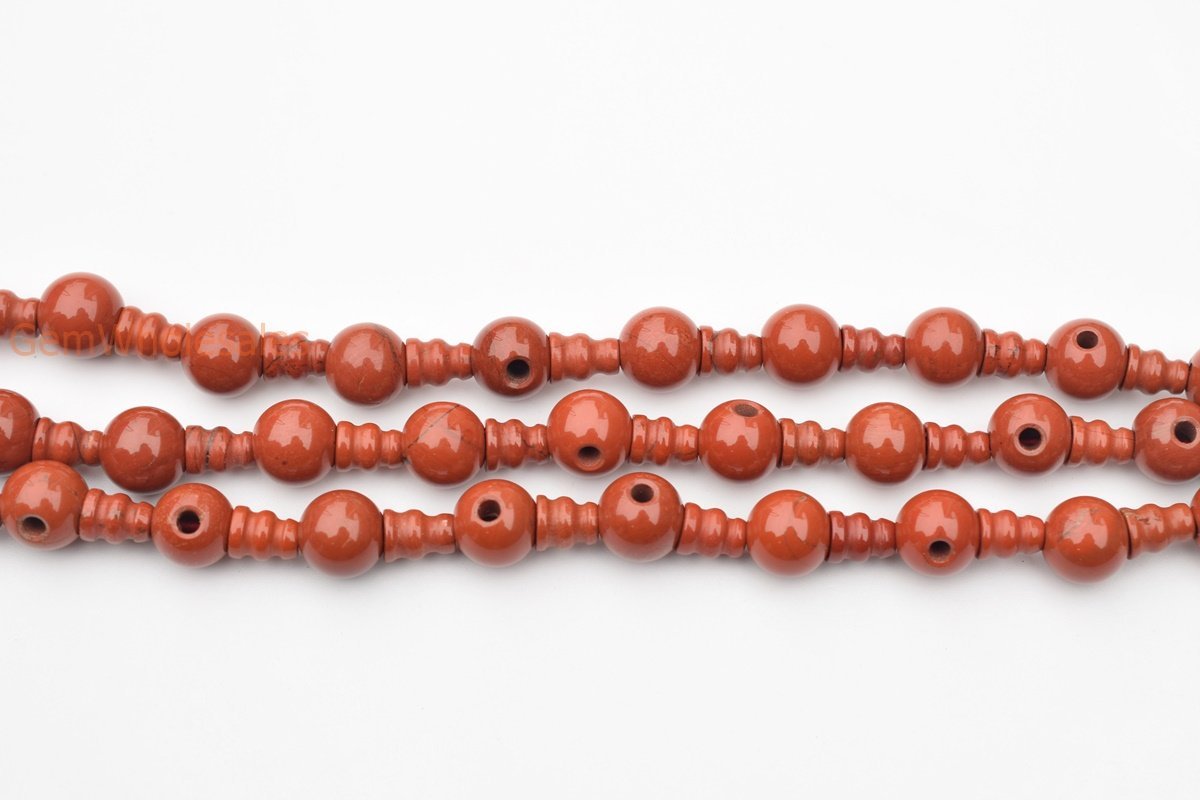 5 SETS 10mm Natural Red jasper T hole beads set, Guru Mala Cones Beads
